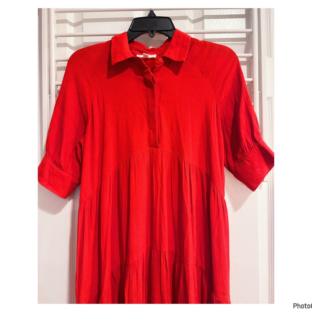 A Loves A Orange Red Tiered Midi Dress Balloon Sleeve Xsmall - Picture 2 of 5